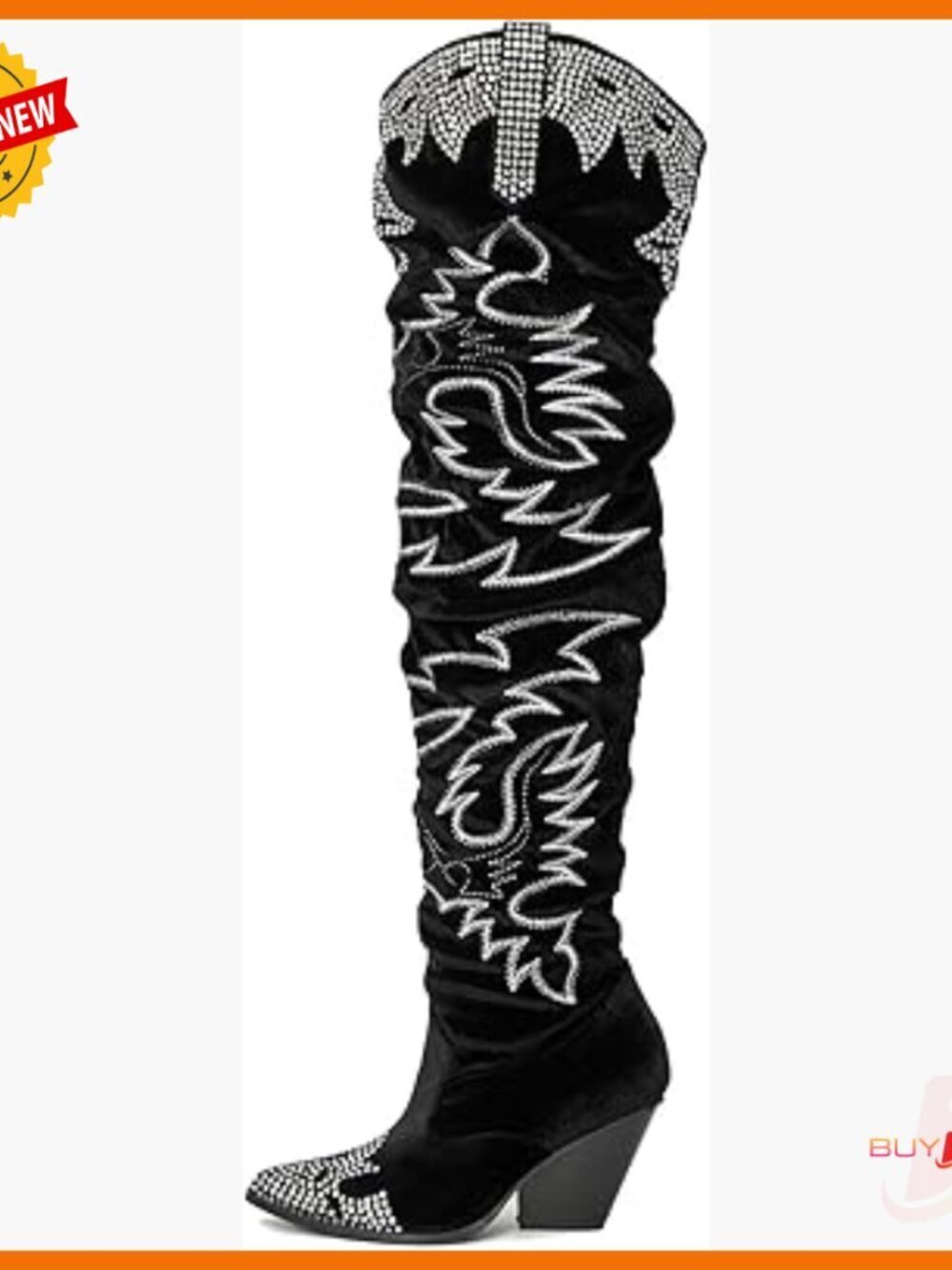Thigh High Cowboy Boots Rhinestone Embroidered Wide Calf Slouchy Pull On